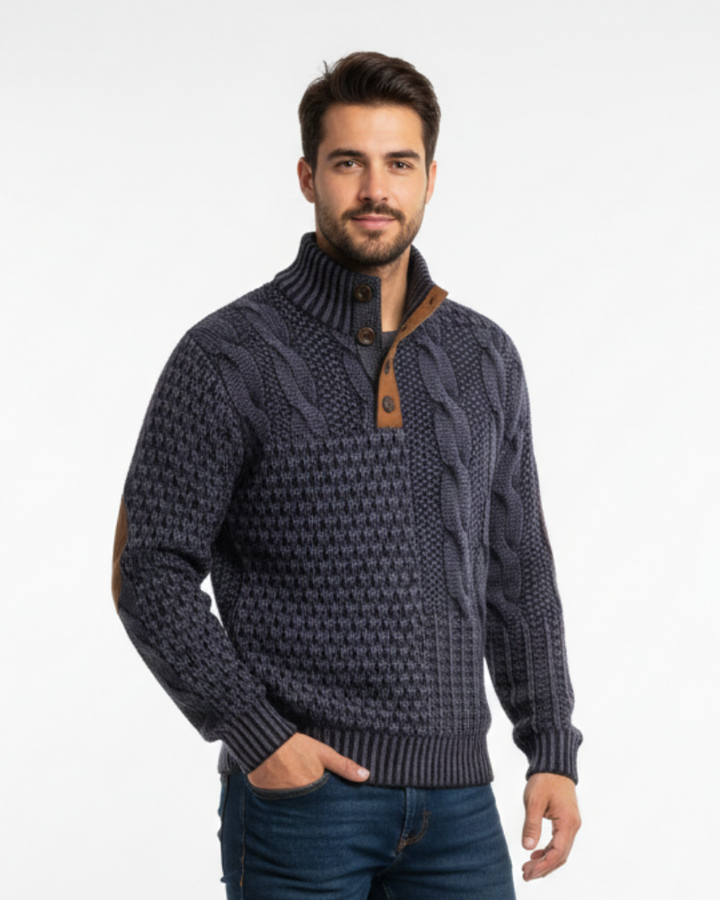 Aaron Pull Homme Patchwork Col Montant à Boutons & Détails Suédine Coupe Regular, vue 7