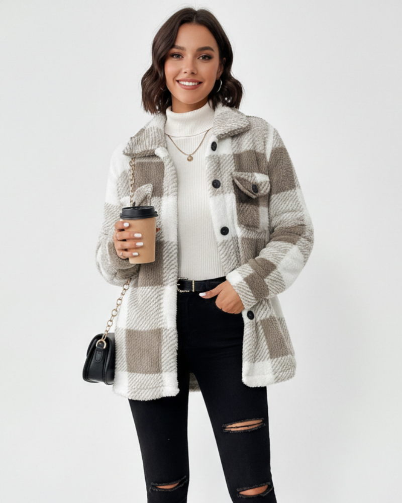 Ariana Veste d’Hiver Femme Veste Peluche à Carreaux Chaude & Décontractée, vue 2