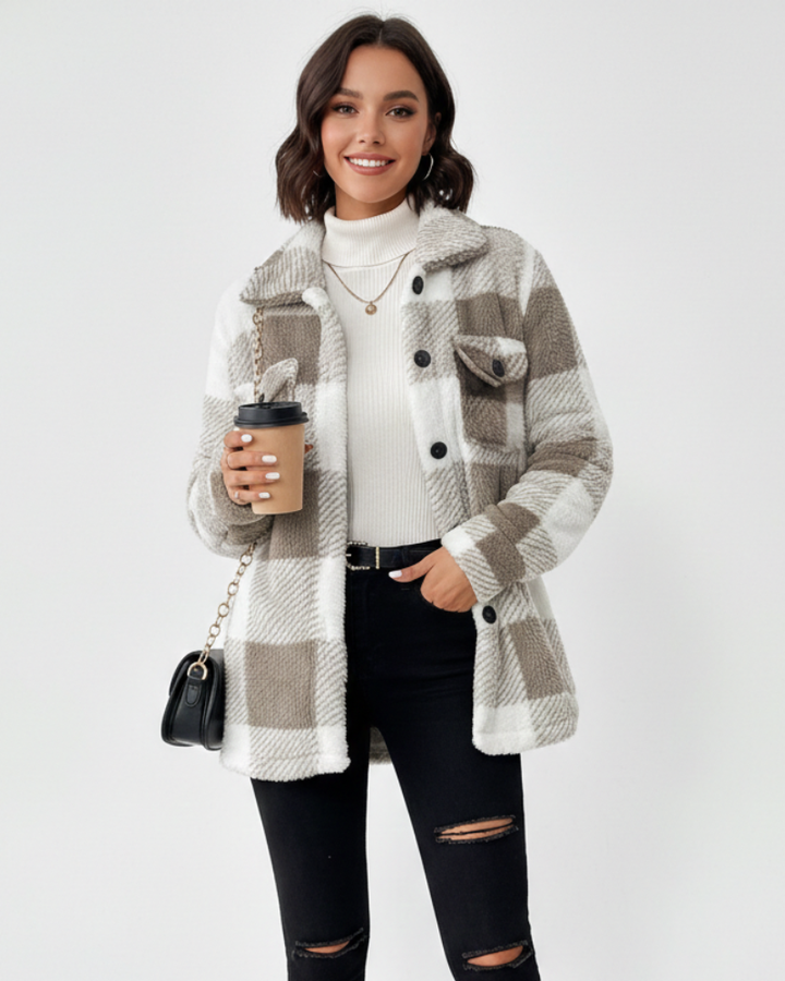 Ariana Veste d’Hiver Femme Veste Peluche à Carreaux Chaude & Décontractée, vue 2