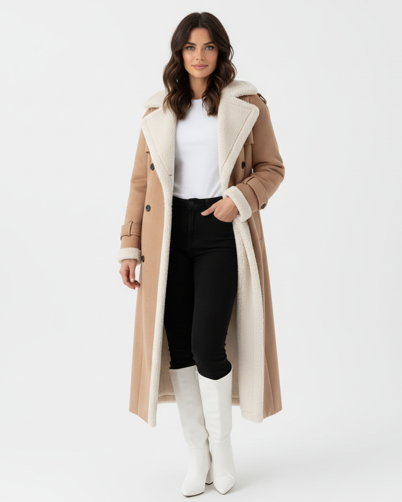 Rinna Manteau Long Femme Veste Double Boutonnage Effet Suédé avec Col Doublé & Style Chic, vue 3