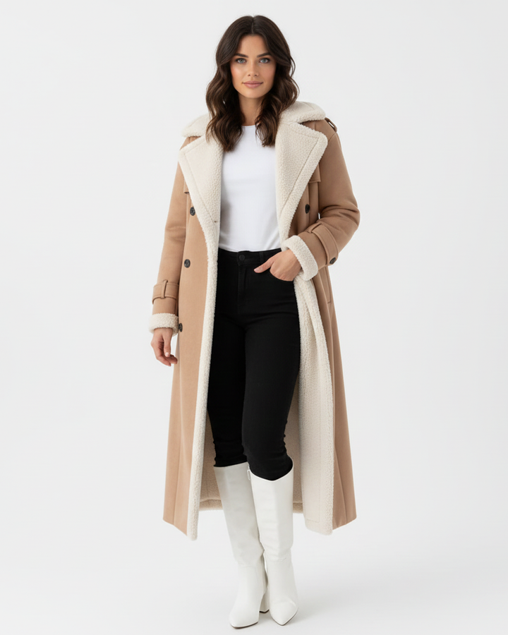 Rinna Manteau Long Femme Veste Double Boutonnage Effet Suédé avec Col Doublé & Style Chic, vue 3