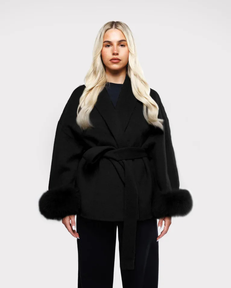 Livia Manteau Femme Veste Hiver Élégante avec Manches en Faux Fur & Ceinture