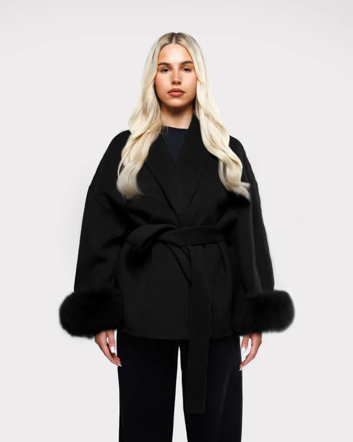 Livia Manteau Femme Veste Hiver Élégante avec Manches en Faux Fur & Ceinture
