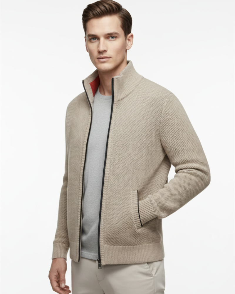Jeffrey Gilet Zippé Homme Pull Épais en Maille avec Col Montant & Doublure Chaude