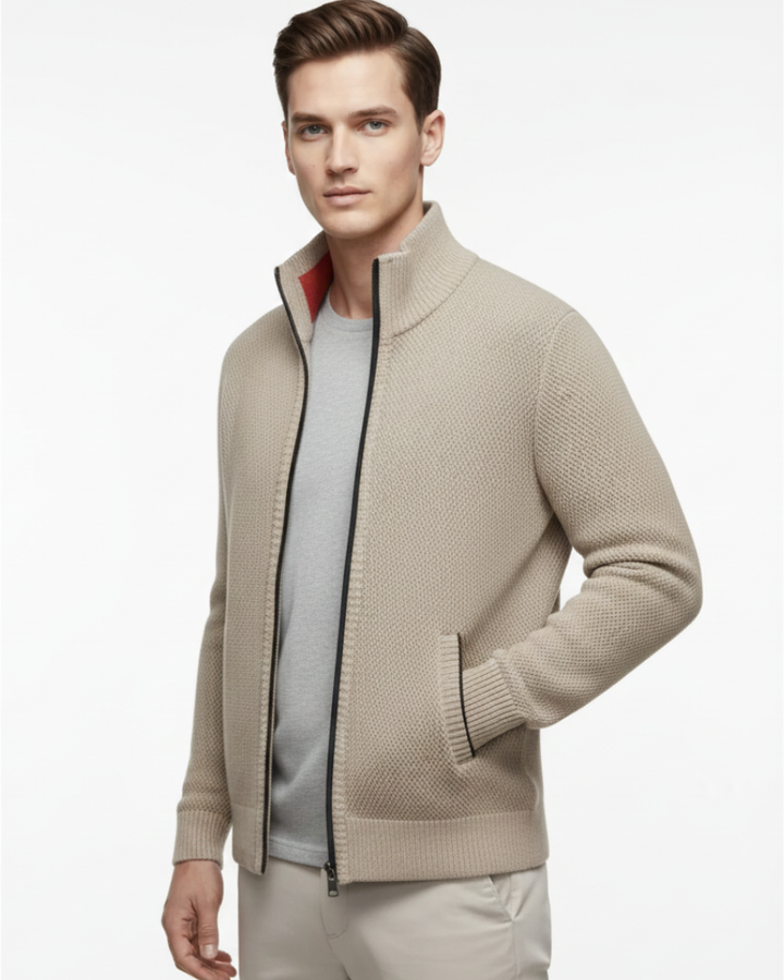 Jeffrey Gilet Zippé Homme Pull Épais en Maille avec Col Montant & Doublure Chaude