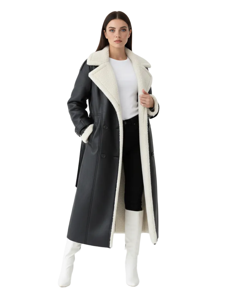 Rinna Manteau Long Femme Veste Double Boutonnage Effet Suédé avec Col Doublé & Style Chic