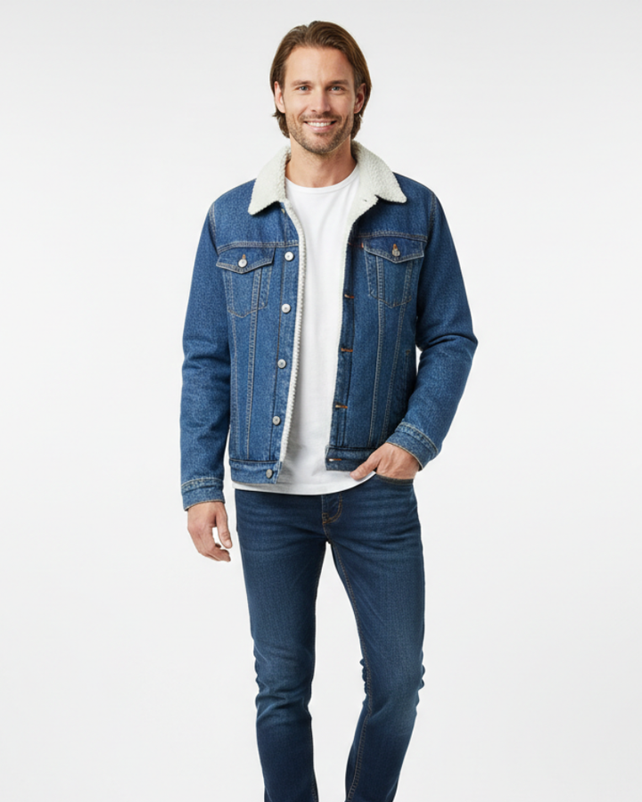 Cannon Veste en Jean Homme Doublée Polaire Denim Bleu Foncé, Col Doublé & Chaleur Hiver