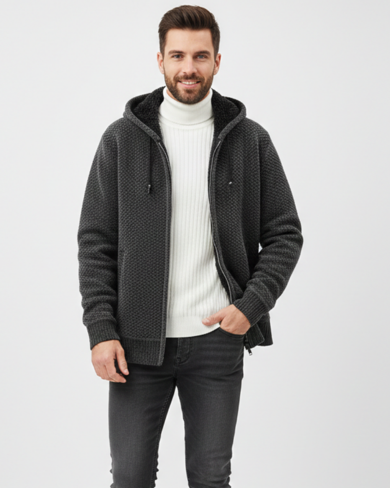 Nethan Hoodie Tricotée Homme Zippée Sweat Doublé Polaire Chaud au Style Casual, vue 2