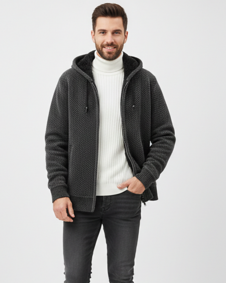 Nethan Hoodie Tricotée Homme Zippée Sweat Doublé Polaire Chaud au Style Casual, vue 2