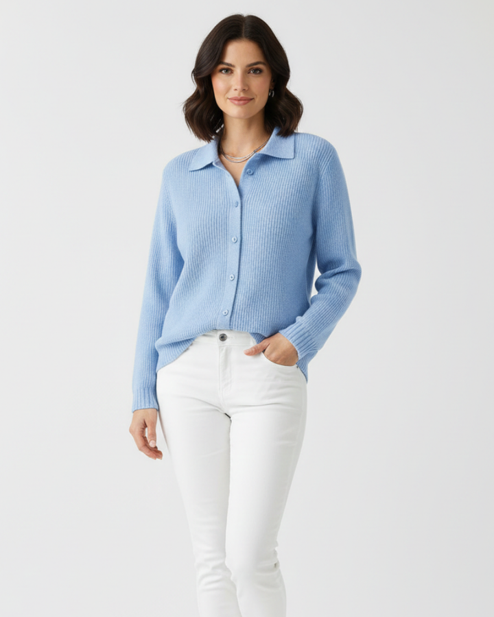 Angela Cardigan Femme Ajusté Col Chemise Élégant en Coton Stretch pour Mi-Saison