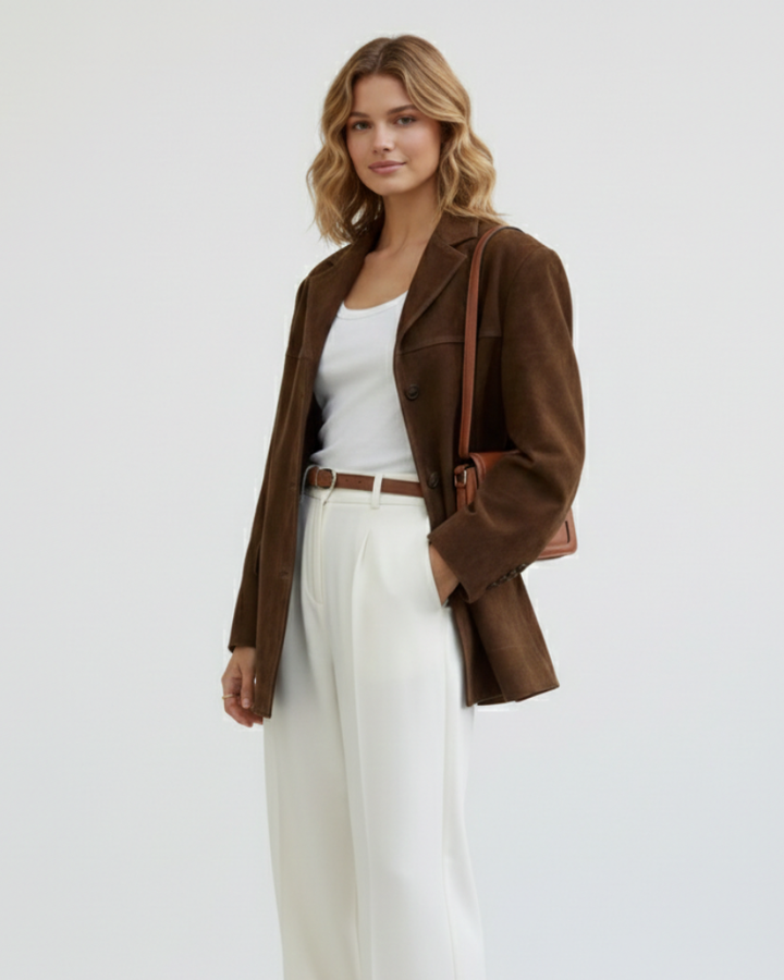 Marga Blazer en Suède Femme Veste Chic Marron avec Coupe Moderne & Matière Extensible