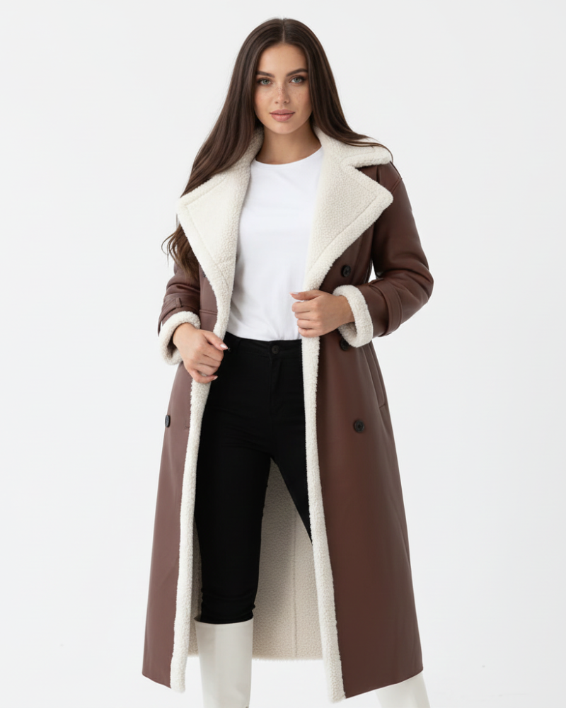 Rinna Manteau Long Femme Veste Double Boutonnage Effet Suédé avec Col Doublé & Style Chic, vue 2