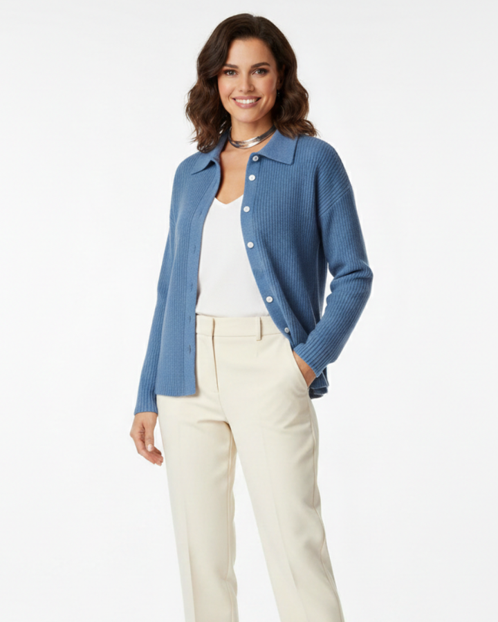 Angela Cardigan Femme Ajusté Col Chemise Élégant en Coton Stretch pour Mi-Saison, vue 2