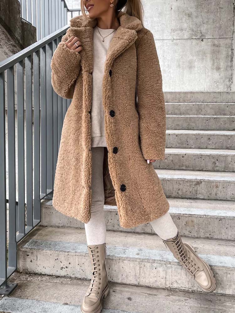 Cataleya Manteau Femme Teddy Long Modèle Doux en Fausse Laine avec Coupe Chaude & Poches, vue 10