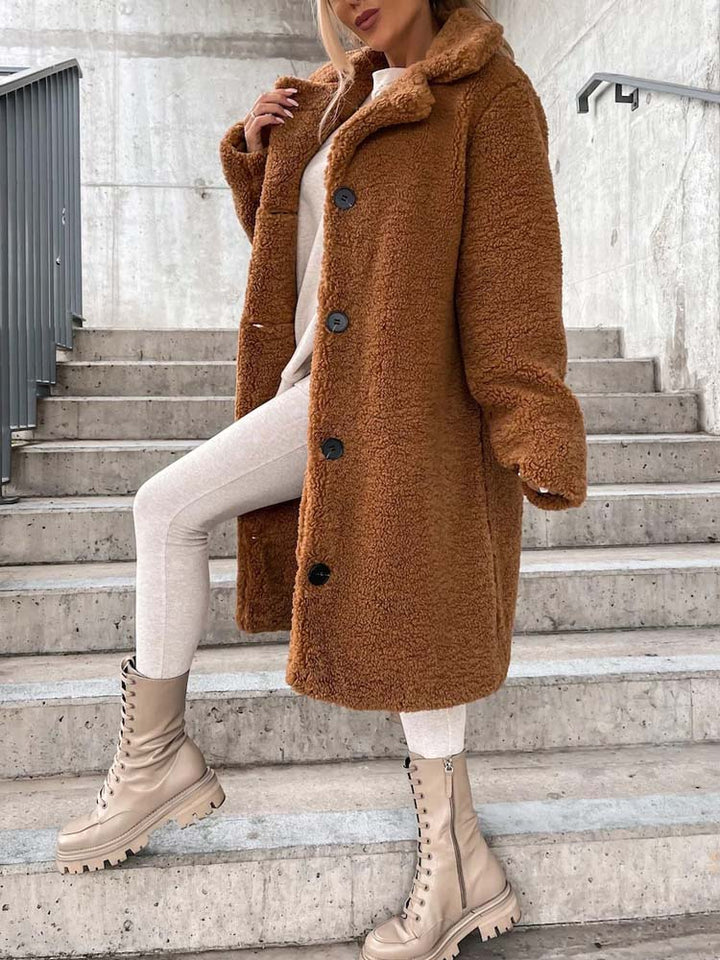 Cataleya Manteau Femme Teddy Long Modèle Doux en Fausse Laine avec Coupe Chaude & Poches, vue 12
