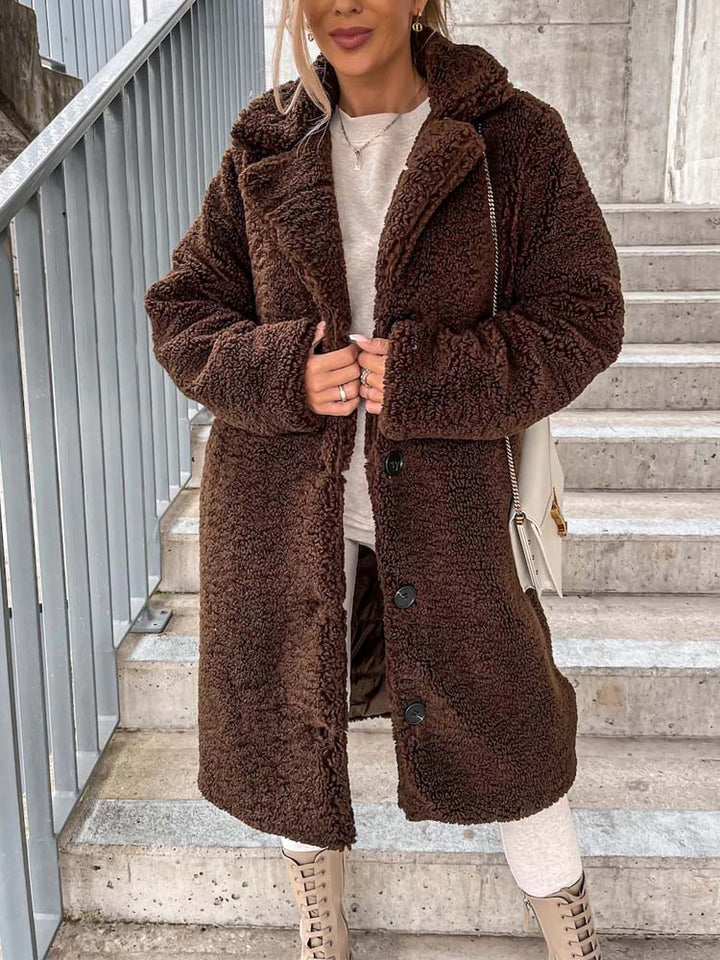Cataleya Manteau Femme Teddy Long Modèle Doux en Fausse Laine avec Coupe Chaude & Poches, vue 15
