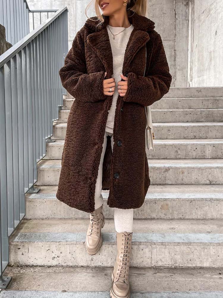 Cataleya Manteau Femme Teddy Long Modèle Doux en Fausse Laine avec Coupe Chaude & Poches, vue 16