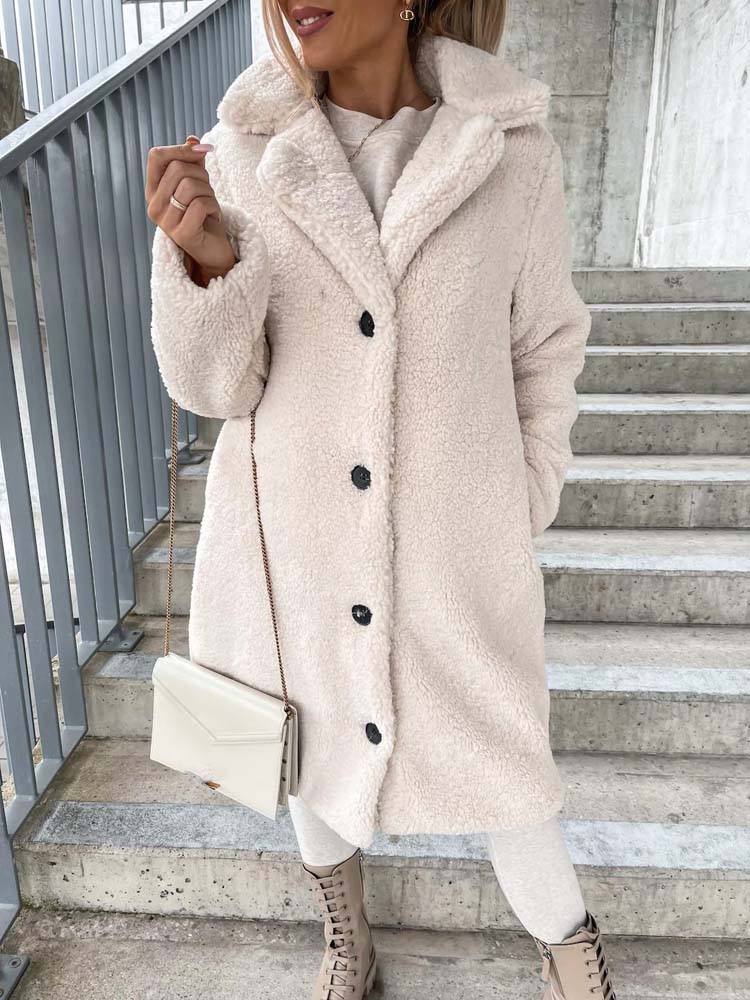 Cataleya Manteau Femme Teddy Long Modèle Doux en Fausse Laine avec Coupe Chaude & Poches, vue 2
