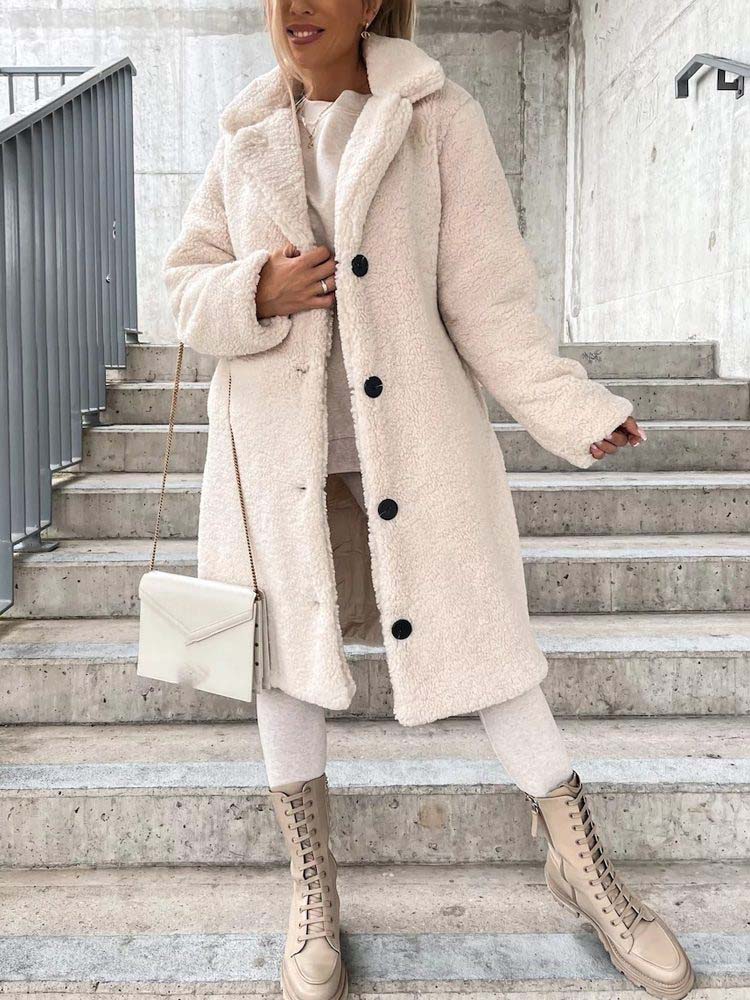 Cataleya Manteau Femme Teddy Long Modèle Doux en Fausse Laine avec Coupe Chaude & Poches, vue 3