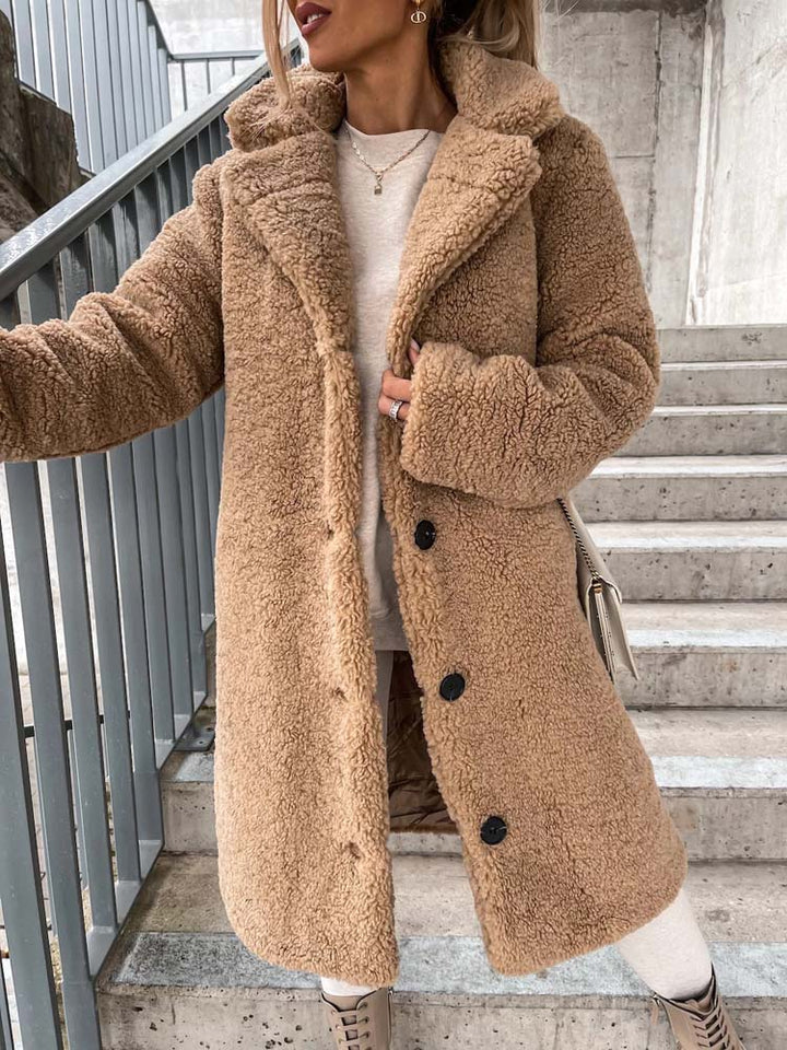 Cataleya Manteau Femme Teddy Long Modèle Doux en Fausse Laine avec Coupe Chaude & Poches, vue 6