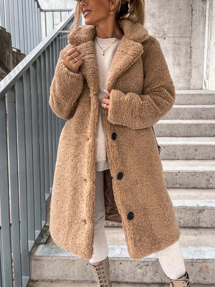 Cataleya Manteau Femme Teddy Long Modèle Doux en Fausse Laine avec Coupe Chaude & Poches, vue 7