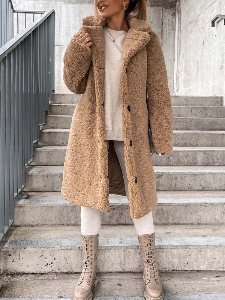 Cataleya Manteau Femme Teddy Long Modèle Doux en Fausse Laine avec Coupe Chaude & Poches, vue 8