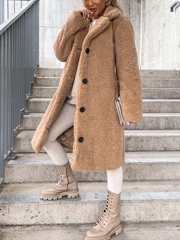 Cataleya Manteau Femme Teddy Long Modèle Doux en Fausse Laine avec Coupe Chaude & Poches, vue 9