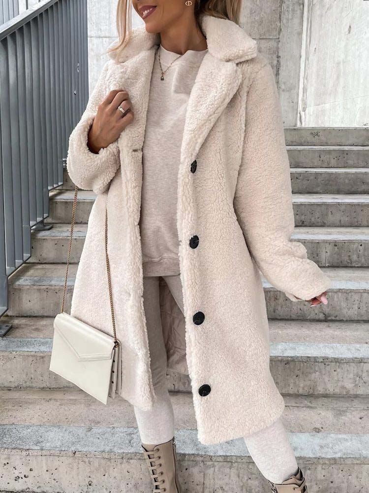 Cataleya Manteau Femme Teddy Long Modèle Doux en Fausse Laine avec Coupe Chaude & Poches