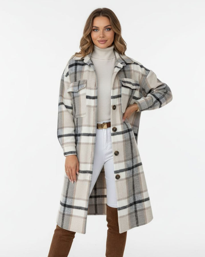 Jody Manteau Femme Carreaux Veste Longue Oversize en Laine Mélangée Style Shacket