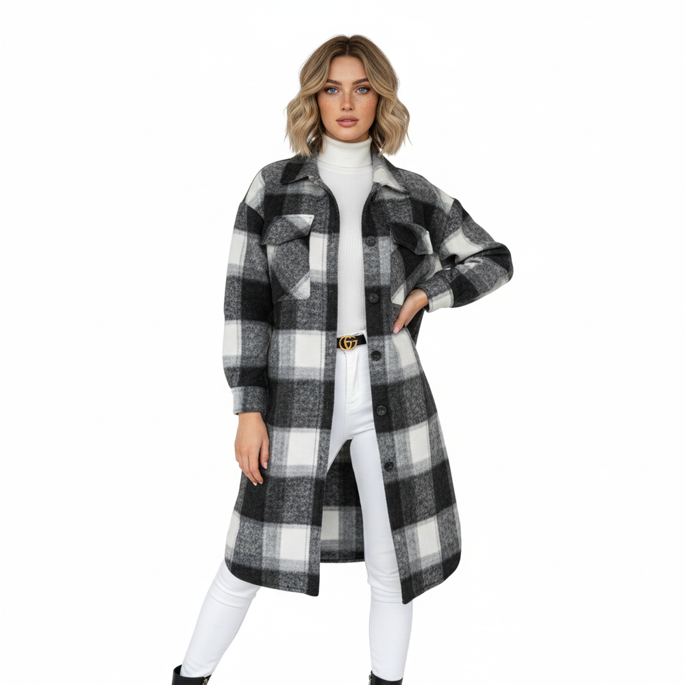 Jody Manteau Femme Carreaux Veste Longue Oversize en Laine Mélangée Style Shacket, vue 2