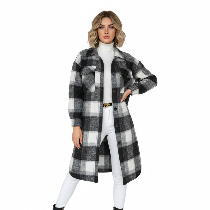 Jody Manteau Femme Carreaux Veste Longue Oversize en Laine Mélangée Style Shacket, vue 2
