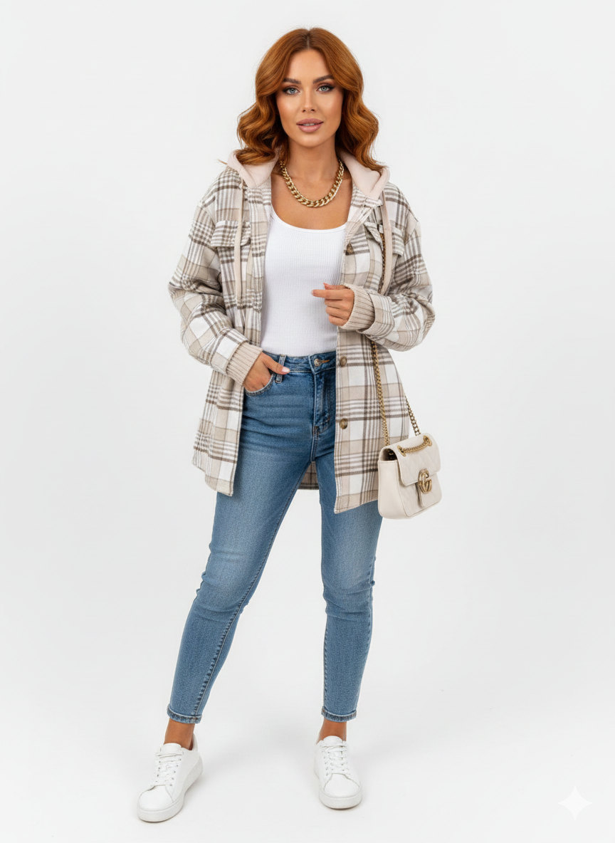 Lian Manteau Femme à Capuche Veste À Carreaux Chaude avec Coupe Décontractée, vue 2