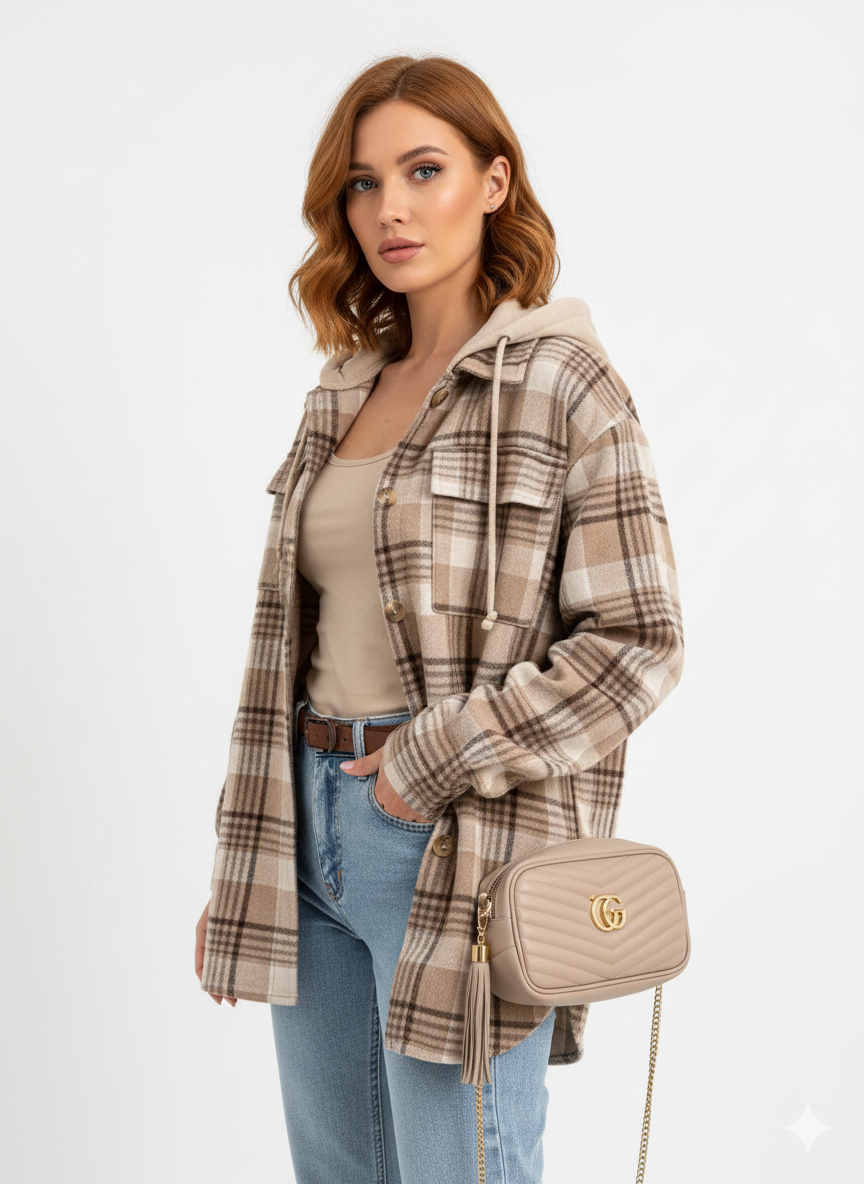 Lian Manteau Femme à Capuche Veste À Carreaux Chaude avec Coupe Décontractée, vue 3