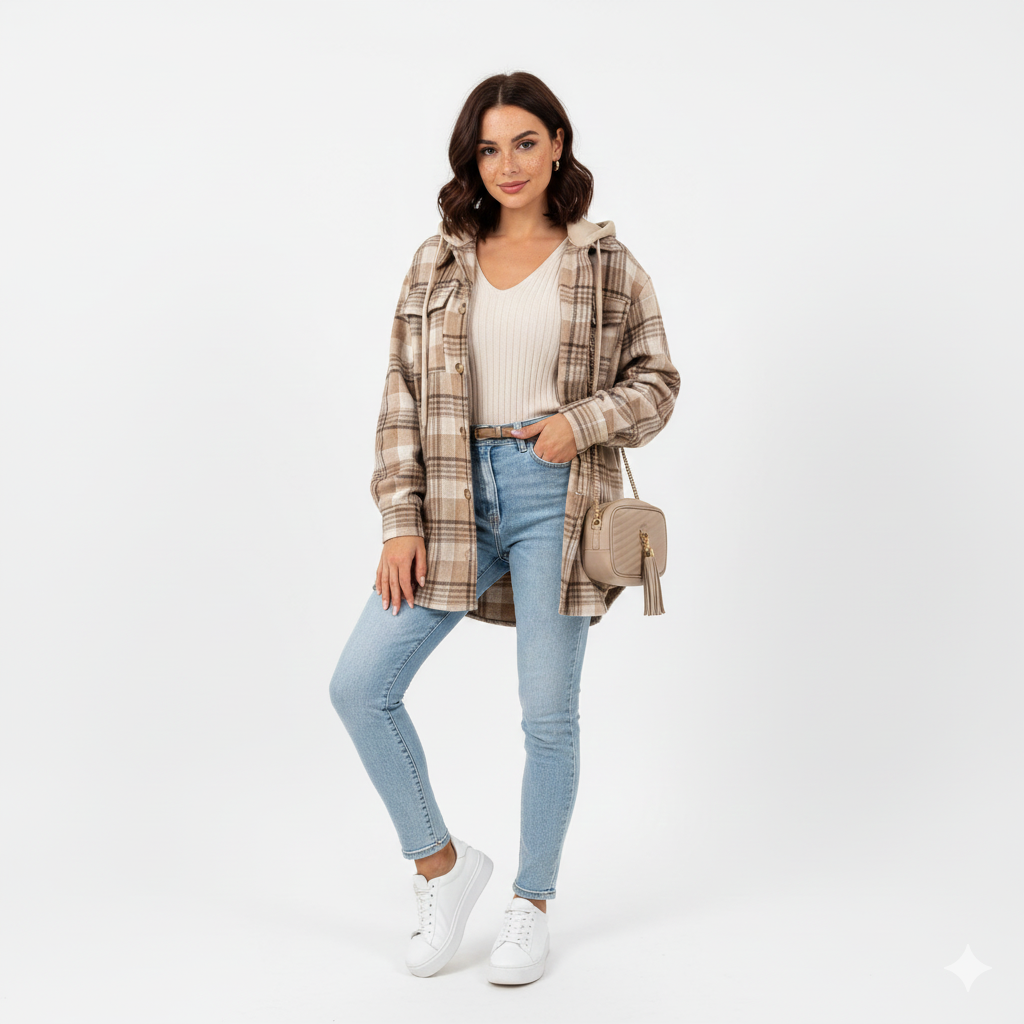 Lian Manteau Femme à Capuche Veste À Carreaux Chaude avec Coupe Décontractée