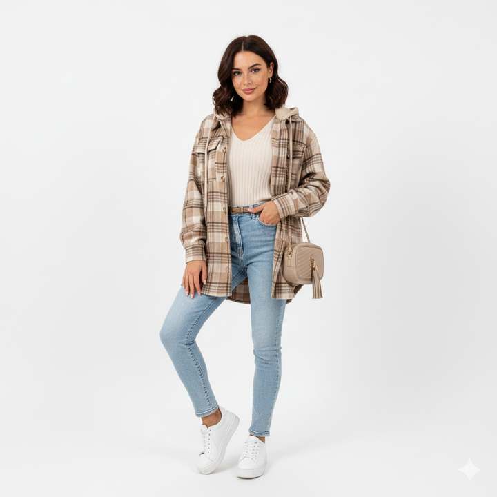Lian Manteau Femme à Capuche Veste À Carreaux Chaude avec Coupe Décontractée