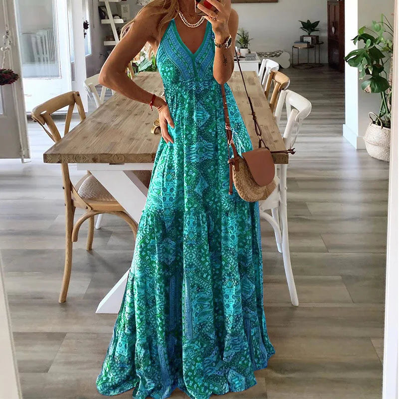 Lielleala | Robe fleurie imprimée taille haute style bohème pour femmes