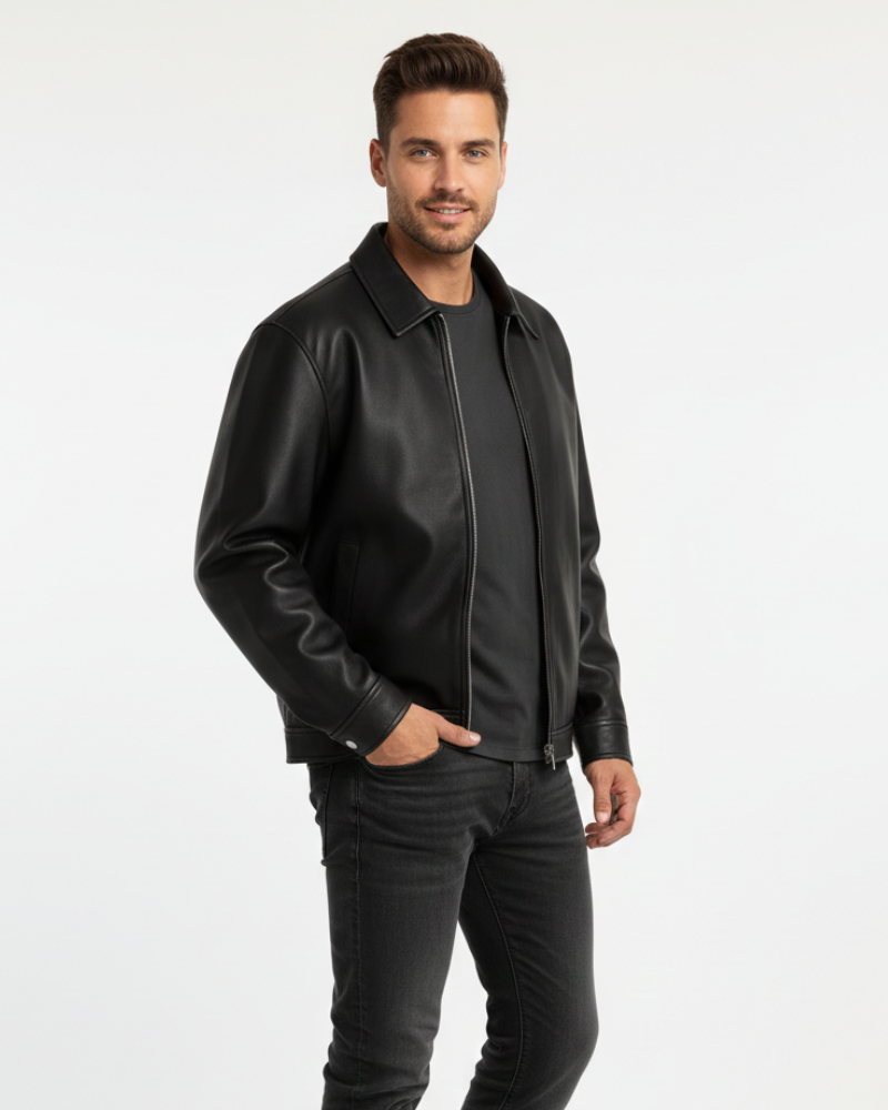 Mason Veste en Cuir Homme Coupe Moderne, Design Épuré & Fermeture Zippée, vue 2