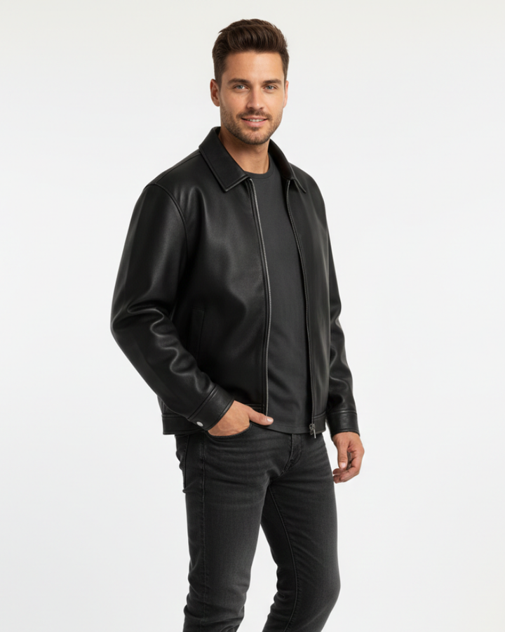 Mason Veste en Cuir Homme Coupe Moderne, Design Épuré & Fermeture Zippée, vue 2