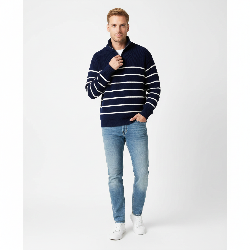 Marc Pull Homme Rayé à Demi-Zip Maille Marine Casual Chic pour Toutes Saisons