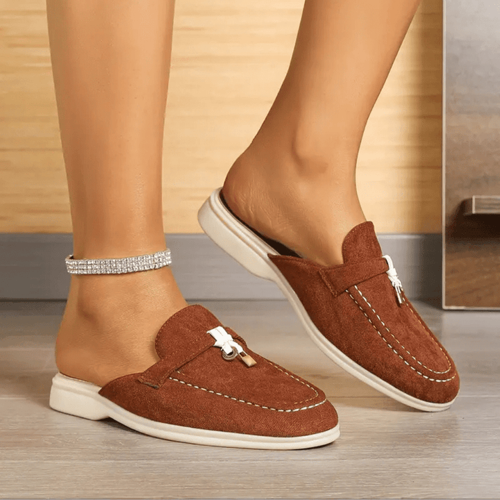 Maris Mocassins Femme Mules d’Été Effet Daim avec Détail Pompon & Couture Contrastée, vue 5