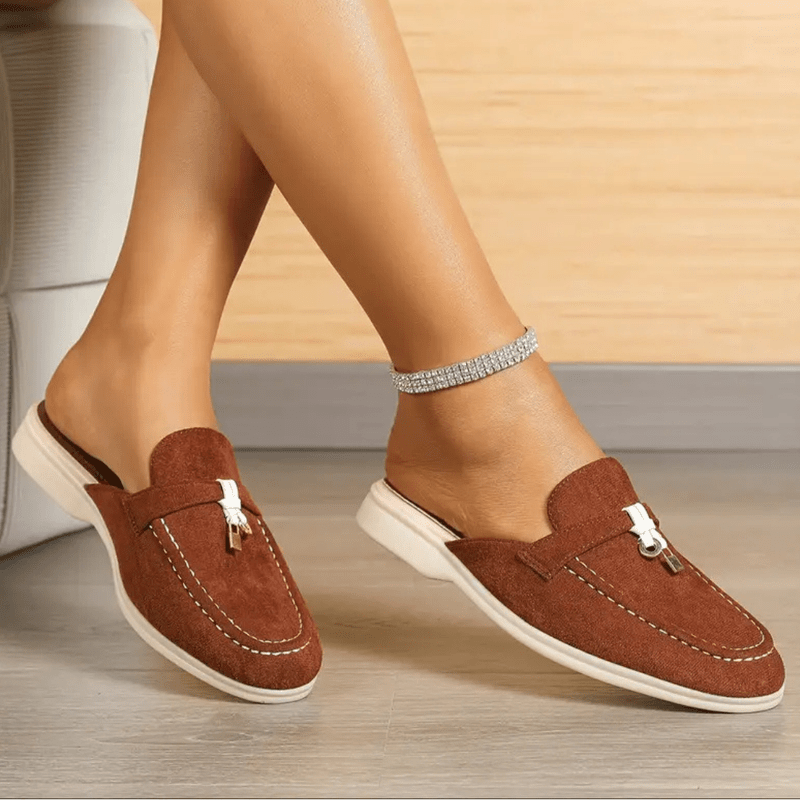 Maris Mocassins Femme Mules d’Été Effet Daim avec Détail Pompon & Couture Contrastée, vue 3