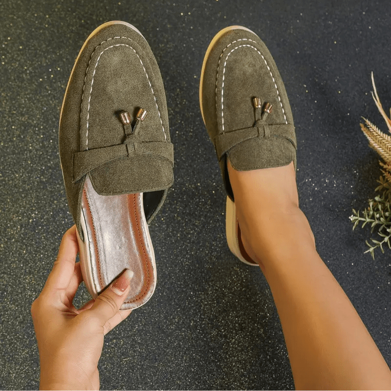 Mori Mocassins Femme Mules Vertes d’Été avec Détail Frangé & Semelle Confortable