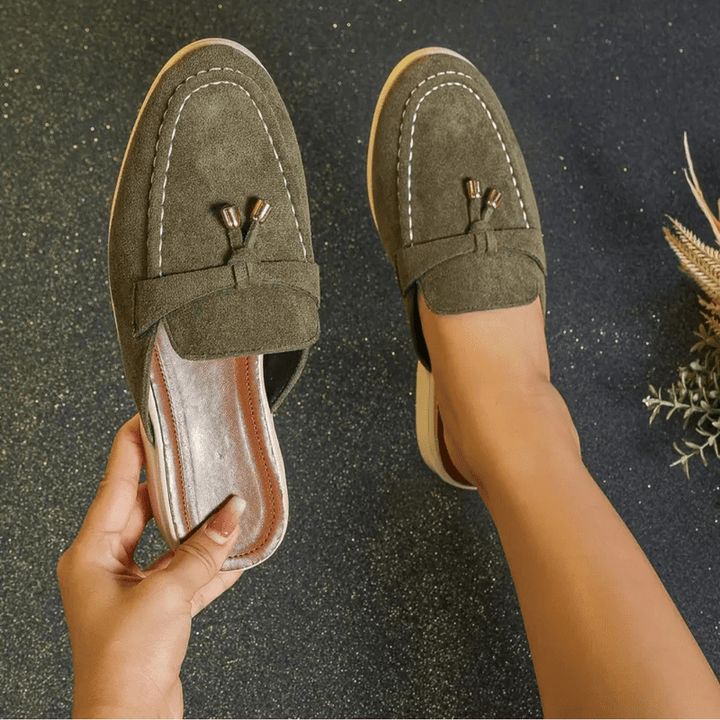 Mori Mocassins Femme Mules Vertes d’Été avec Détail Frangé & Semelle Confortable