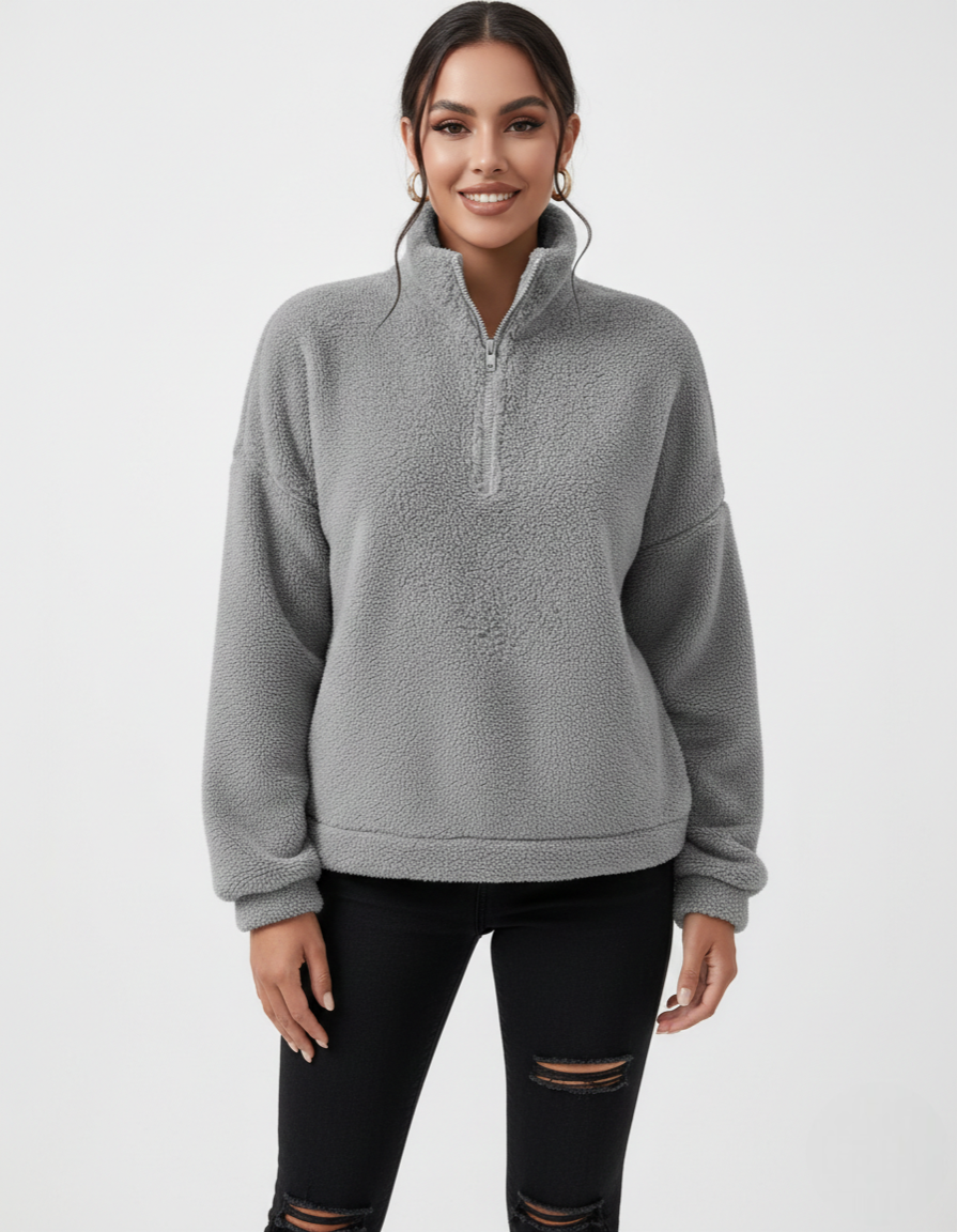Noime Pull Polaire Femme Pull Doux à Demi-Zip avec Col Montant et Coupe Décontractée