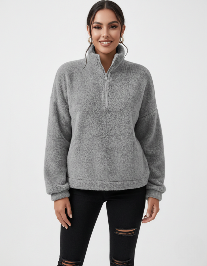 Noime Pull Polaire Femme Pull Doux à Demi-Zip avec Col Montant et Coupe Décontractée
