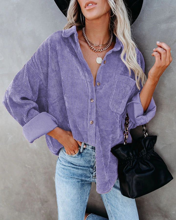 Ainsley Chemise Femme Chemise Vintage Décontractée en Velours Côtelé Doux avec Poche Poitrine, vue 7