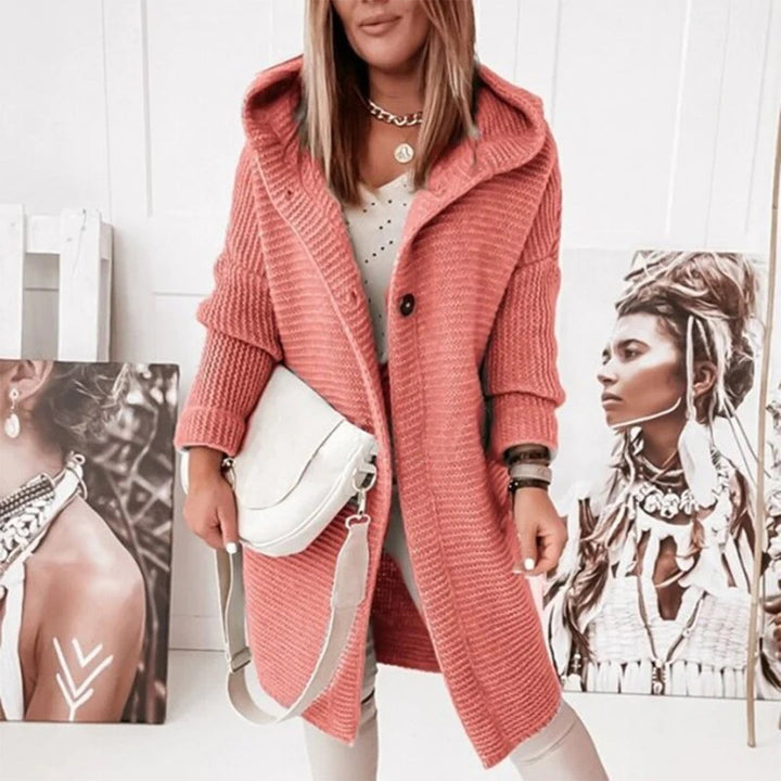 Madilyn Long Gilet en Maille pour Femme Veste à Capuche Douce avec Fermeture à Boutons