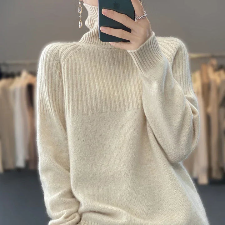 Luan Pull Col Roulé Femme Tricot Doux avec Détails Côtelés & Coupe Moderne Relax