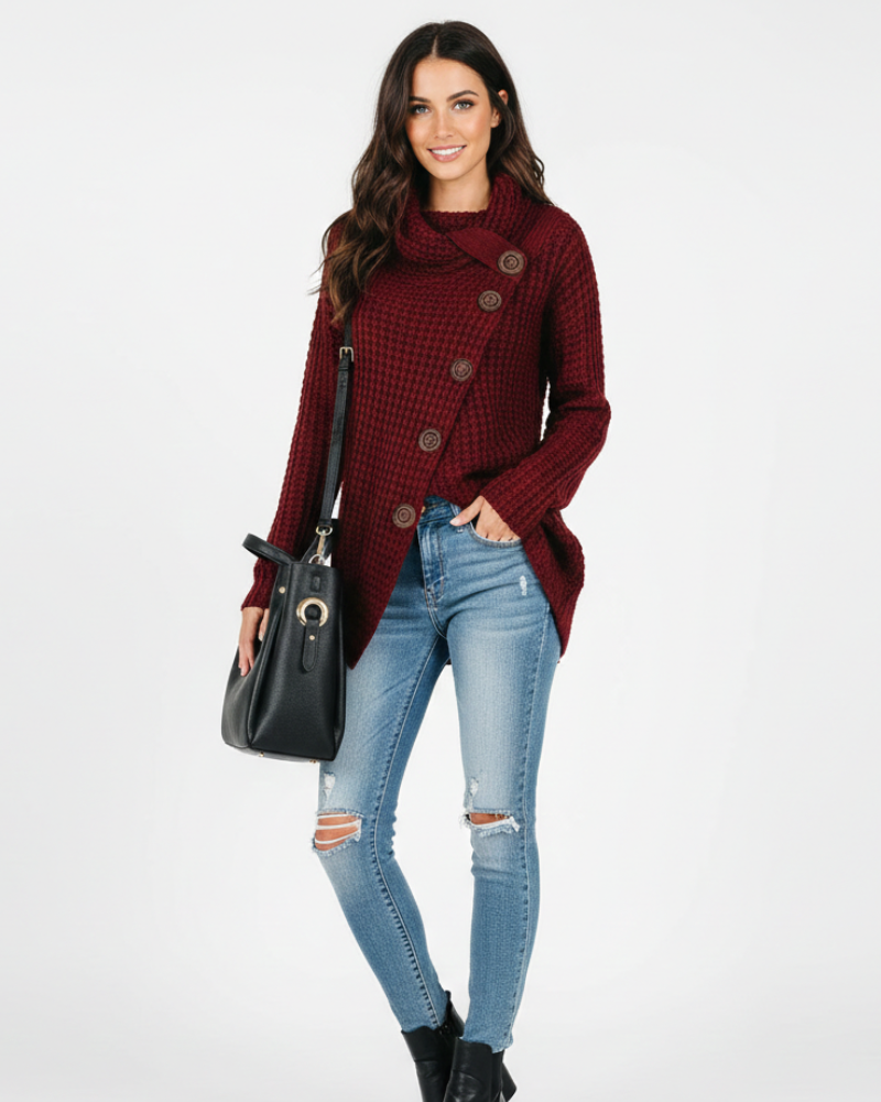 Hailey Cardigan Femme Col Roulé Oversize Gilet Boutonné Moderne en Maille Douce, vue 4