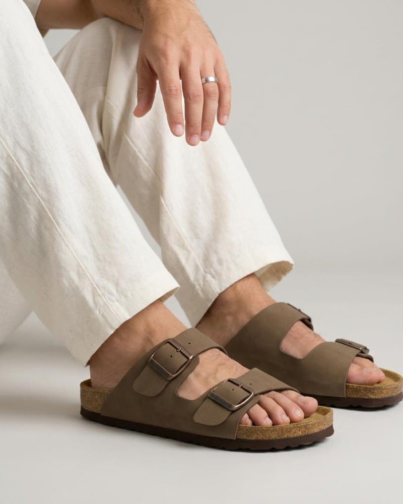 Knoah Sandales Homme Slides Confort avec Semelle Liège & Double Boucle Réglable